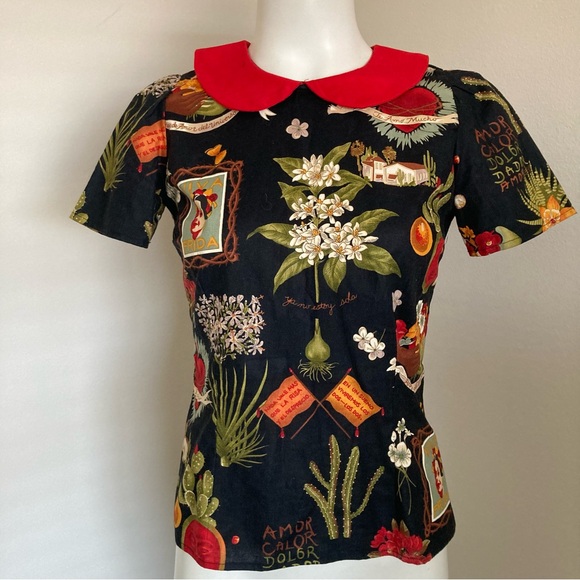 Hemet Store Frida Kahlo Cactus Collared Retro Pinup Top Blouse Sz S - Picture 8 of 11